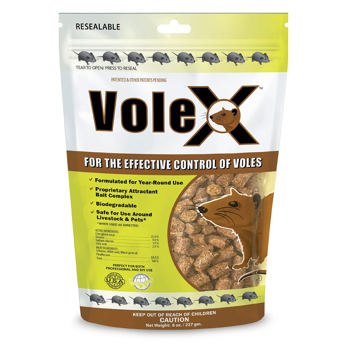 MouseX VoleX pellets for safe vole control around people and pets.