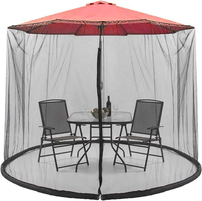 Moutosne 9-11 ft umbrella net in black over patio setup, keeping mosquitoes away and view clear.