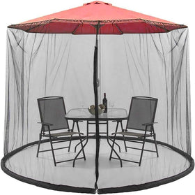 Moutosne 9-11 ft umbrella net in black over patio setup, keeping mosquitoes away and view clear.