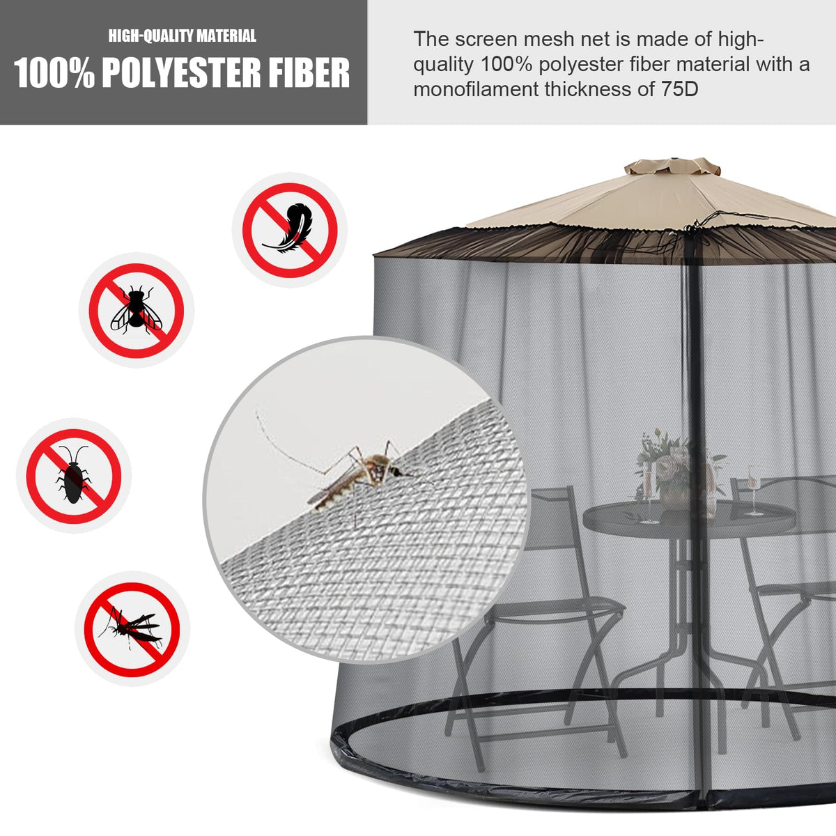 Durable black Moutosne netting shown with outdoor furniture for cohesive look.