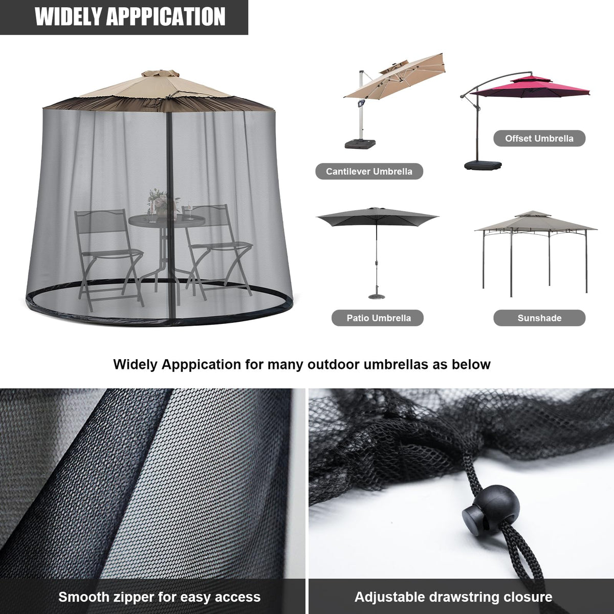 Moutosne patio mosquito net with zipper, easy entry during outdoor dining.