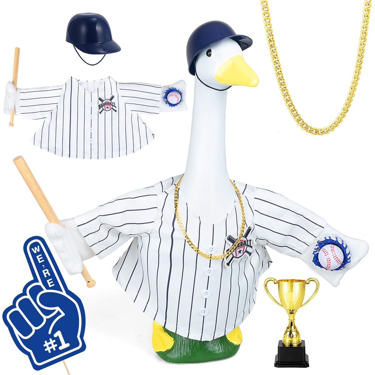MOVINPE baseball goose with pinstripe uniform for porch decor, adding classic stadium flair.
