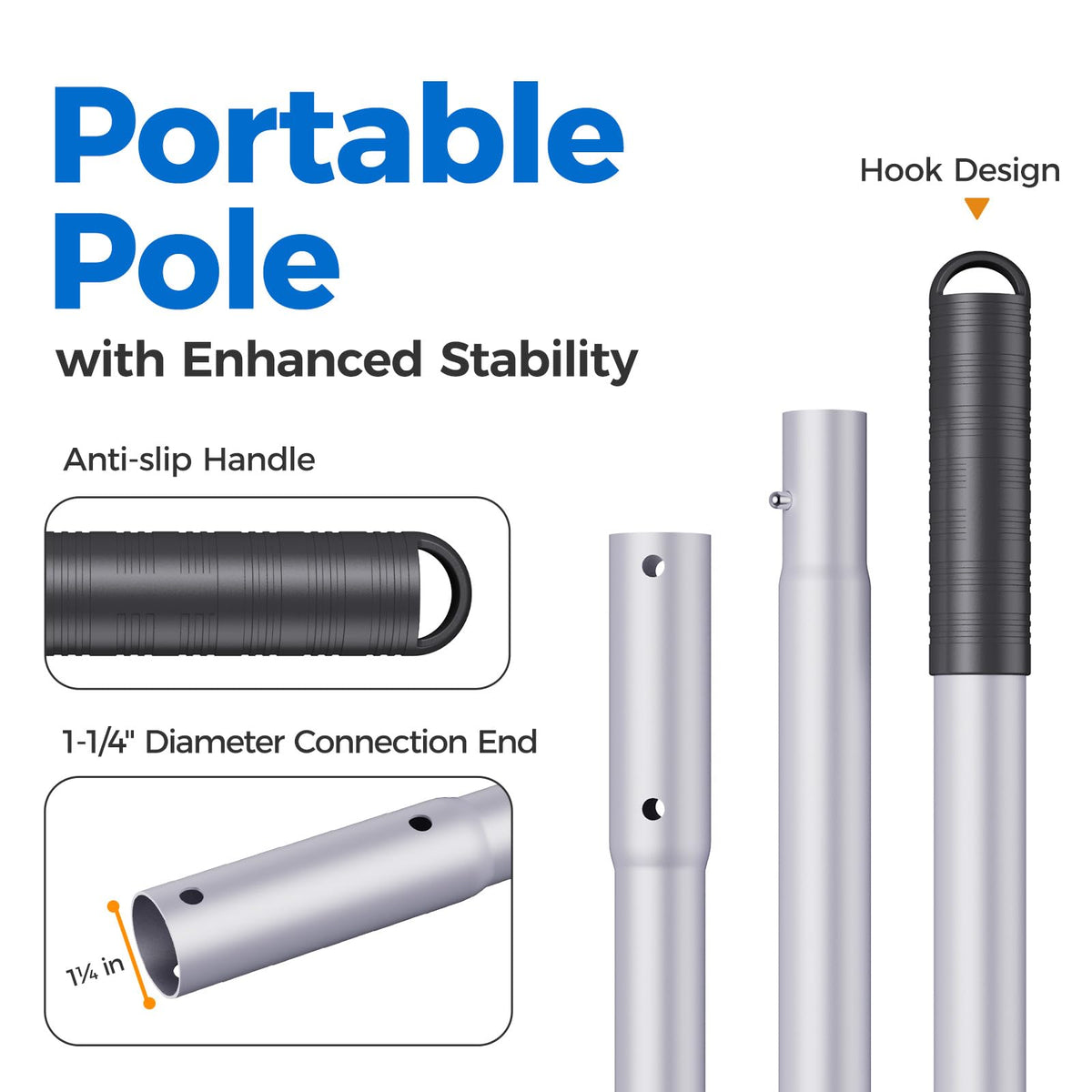 Mowend pool pole with 1-1/4 inch connector fits standard tools
