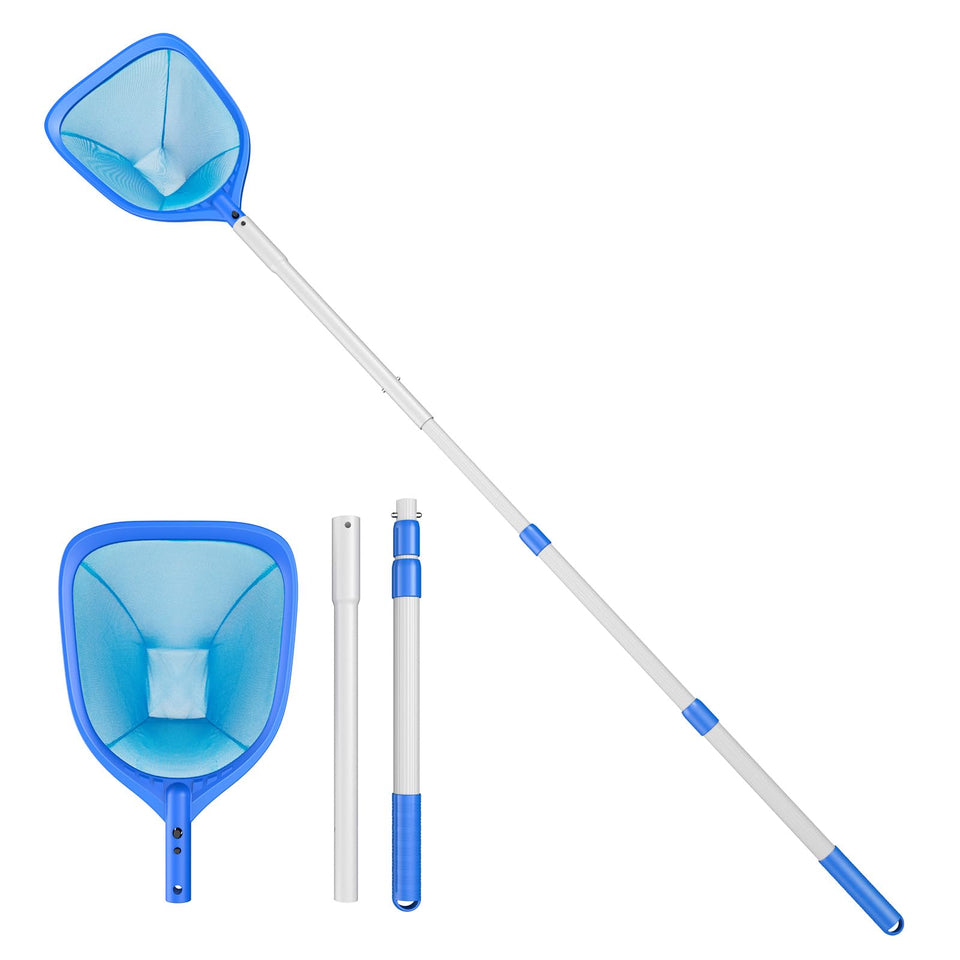 Mowend pool skimmer net with extendable pole for corner cleaning.