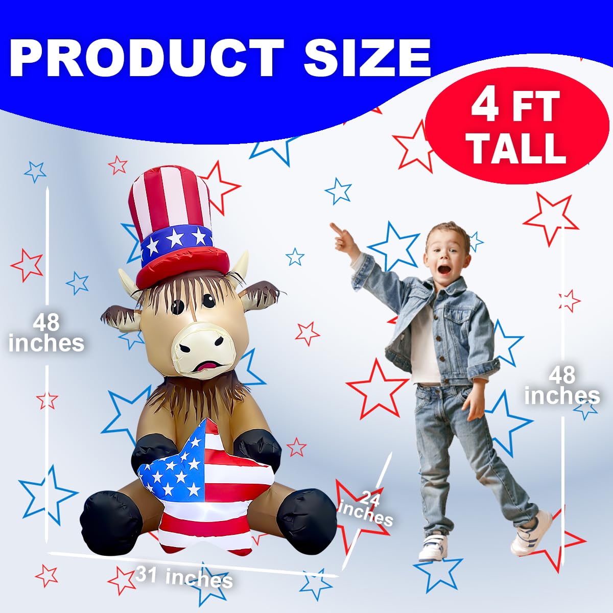 Mowholm patriotic 4ft inflatable Highland cow yard decor for Independence Day