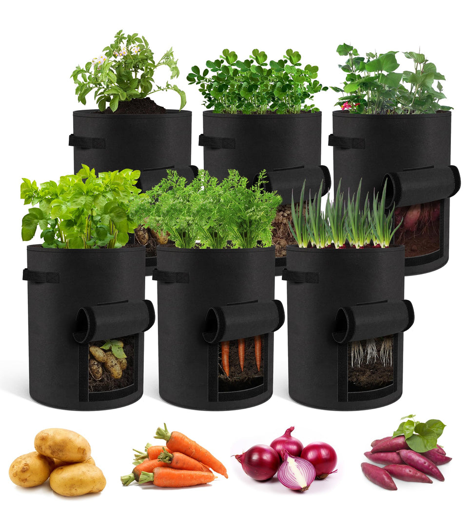 Moyios 6-pack potato grow bags front view for spacious root growth in small spaces.