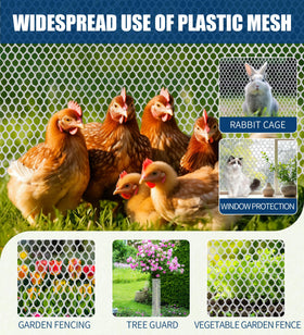 Moyios mesh fencing used in a garden to protect plants and poultry area.