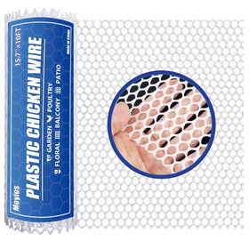 Moyios white chicken wire mesh roll showing 0.3 inch holes for airflow and visibility in garden fencing.