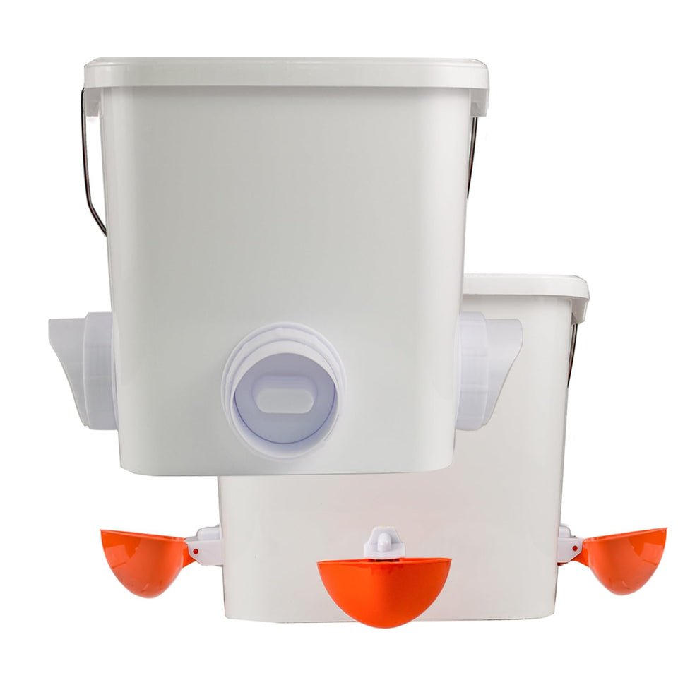 Mozoba automatic feeder and waterer set front view showing easy coop installation
