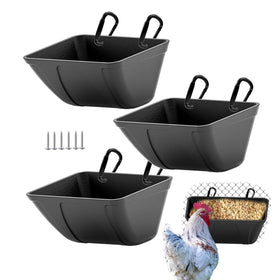 Mozoba hanging chicken feeder trough keeps feed accessible above ground