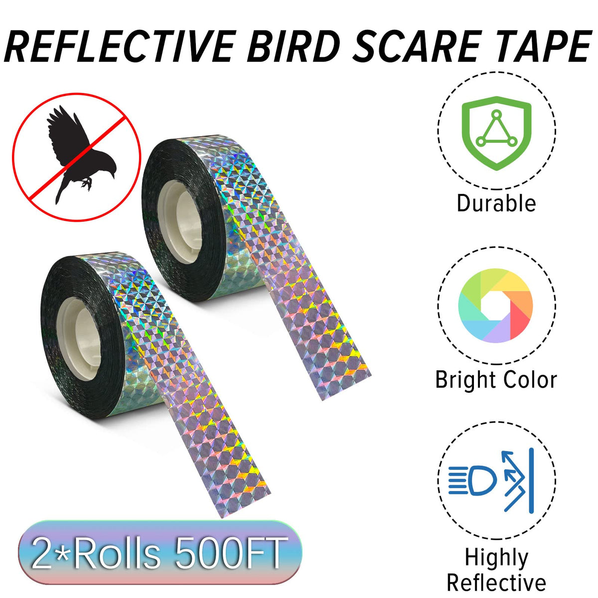 MP Mypole Bird Scare Tape reflectivity: diamond pattern glints in sun to deter birds.