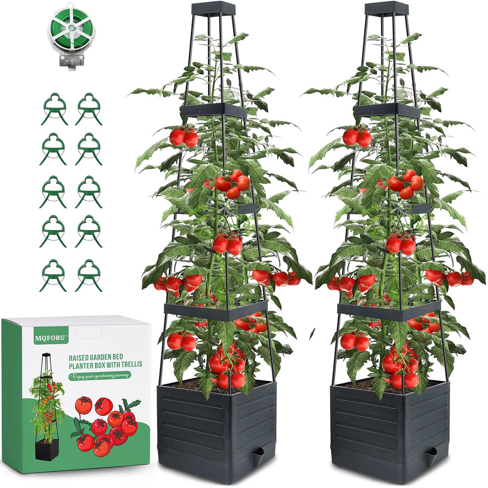 MQFORU 2-pack raised garden bed with trellis supports tomatoes with steady self-watering hydration.