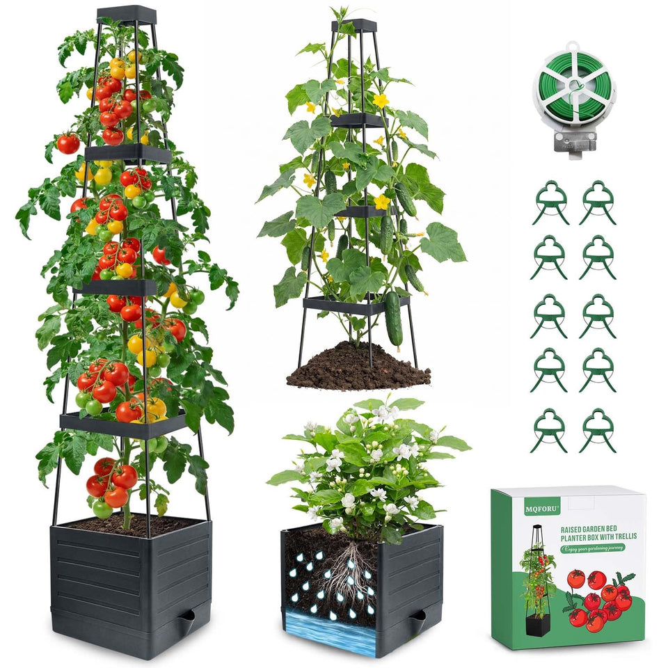 MQFORU 2Pack raised garden bed with trellis supports tall vines outdoors.