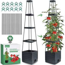 MQFORU raised garden bed with trellis supports climbing tomatoes.