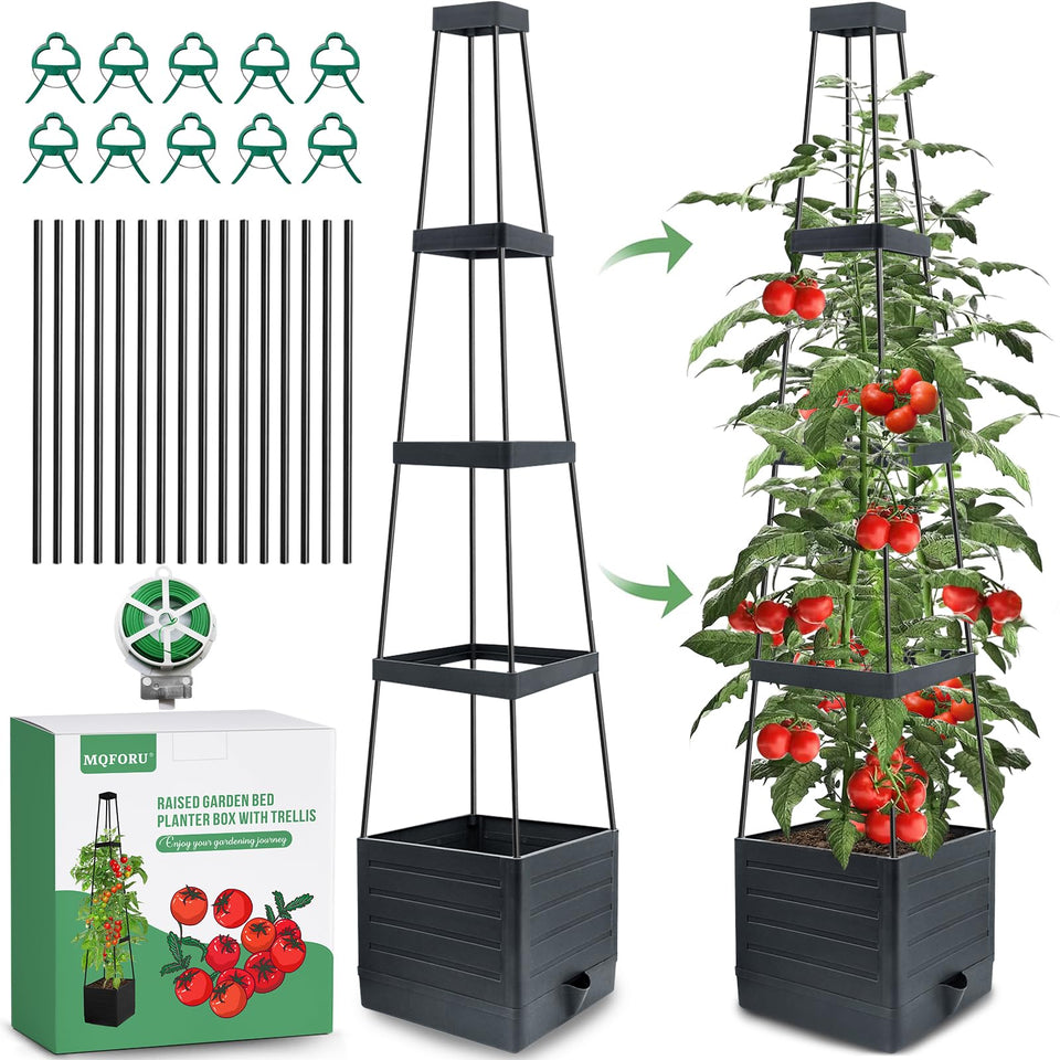 MQFORU raised garden bed with trellis supports climbing tomatoes.