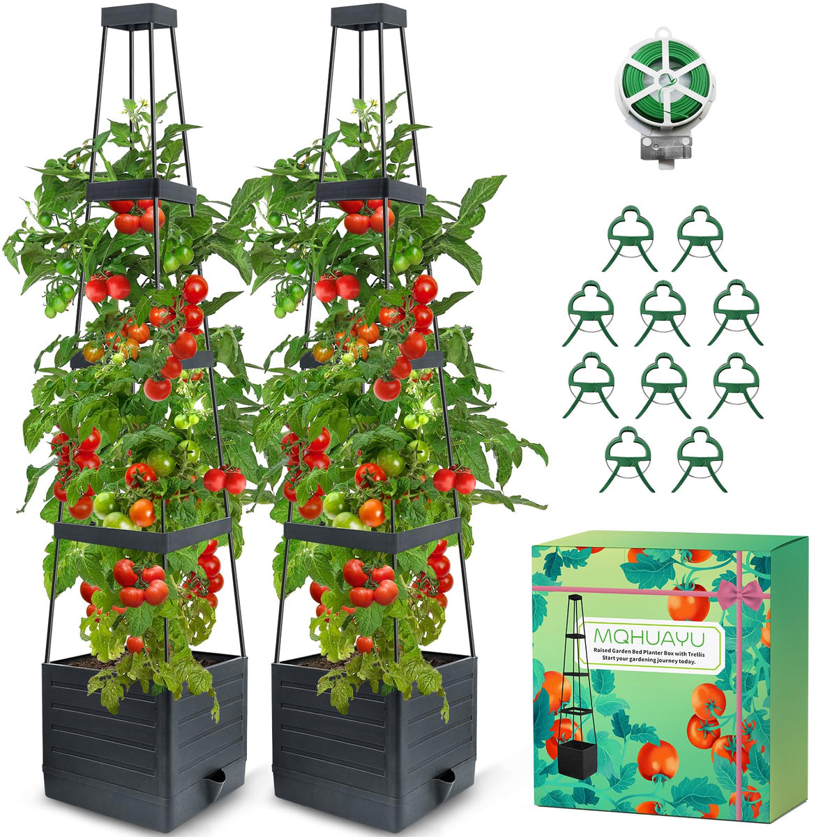 MQHUAYU 2-pack tomato planter with trellis showcases a 57-inch setup ideal for climbing vines outdoors