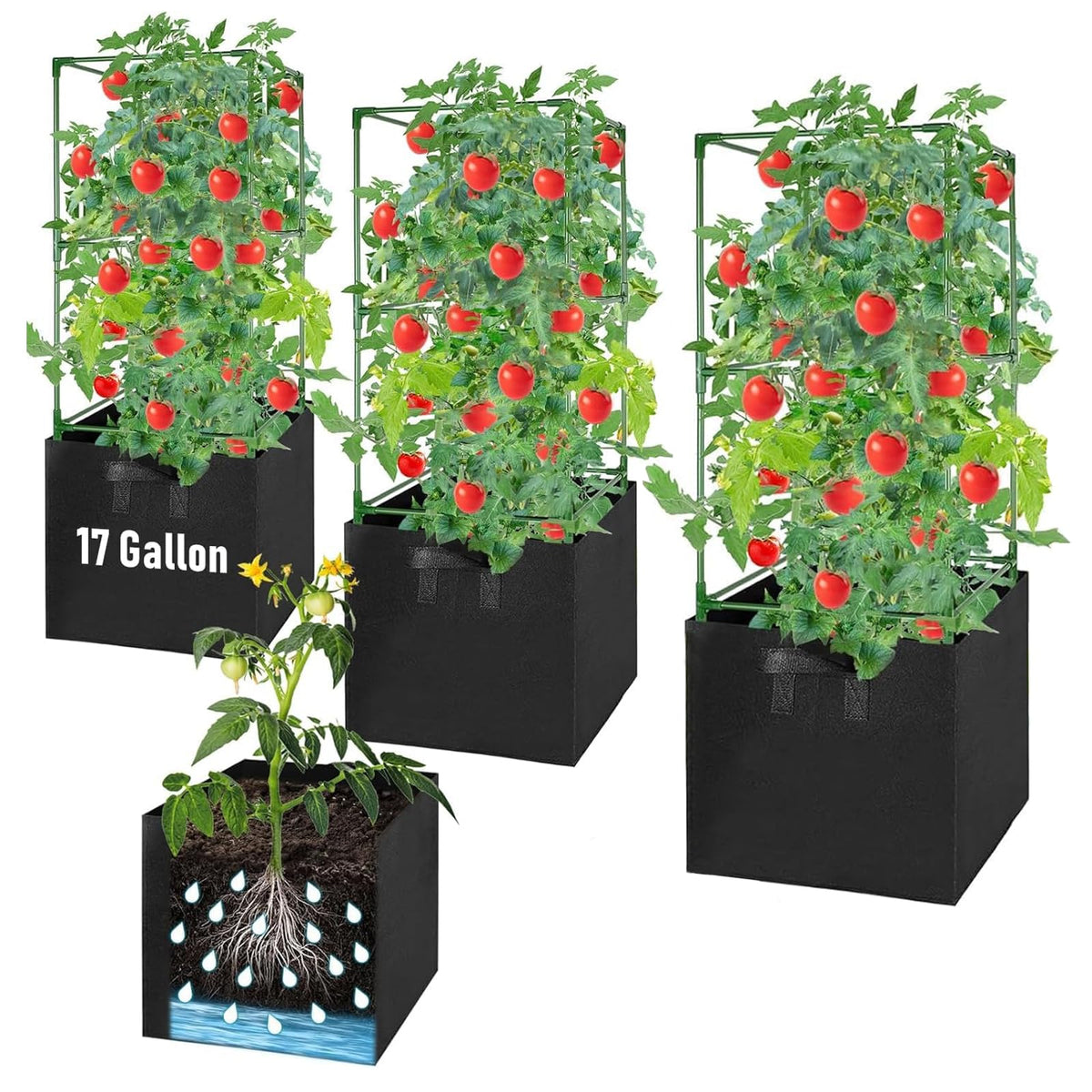 MQHUAYU 3-pack tomato cages with 17-gallon grow bags for organized vertical gardening.