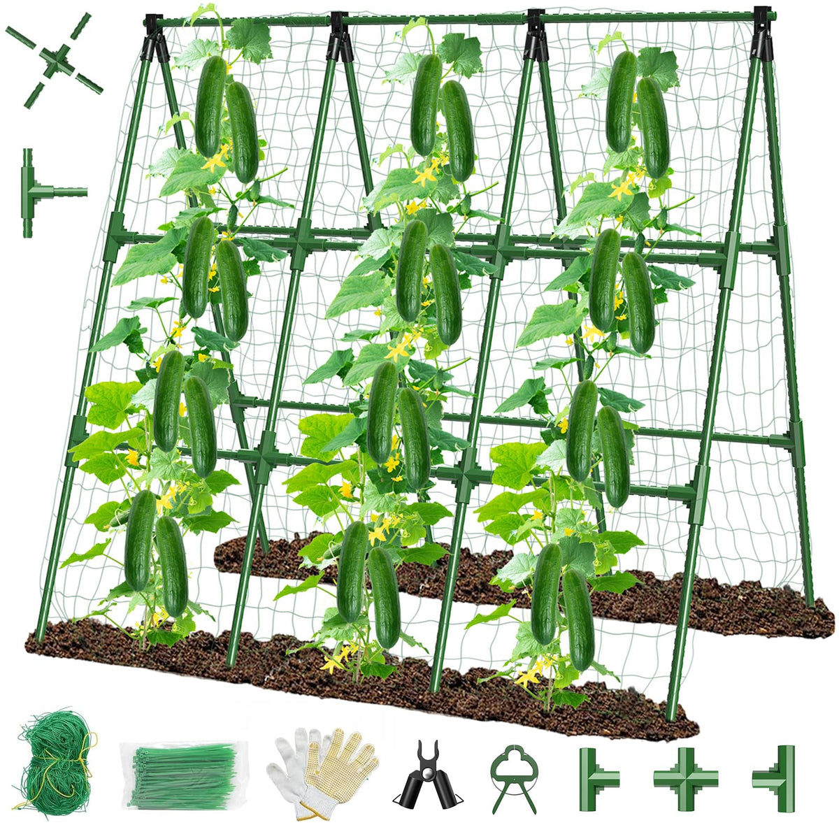 MQHUAYU 51x53 A-frame trellis shows a sturdy frame supporting cucumber vines outdoors.