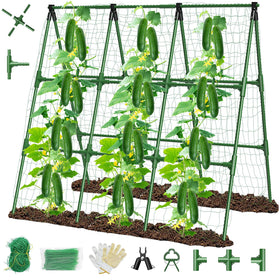 MQHUAYU 51x53 A-frame trellis shows a sturdy frame supporting cucumber vines outdoors.