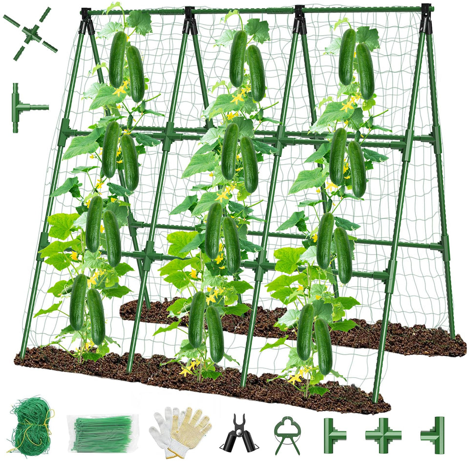 MQHUAYU 51x53 A-frame trellis shows a sturdy frame supporting cucumber vines outdoors.