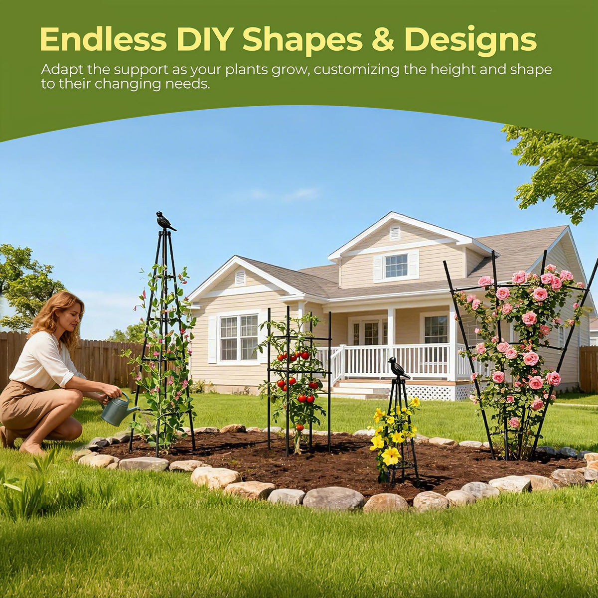 MQHUAYU adjustable-height trellis helps tailor support for different plant growth stages.