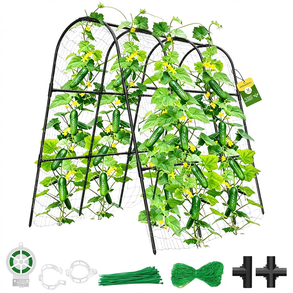 MQHUAYU cucumber trellis in raised bed arch supports climbing vines with space-saving design.