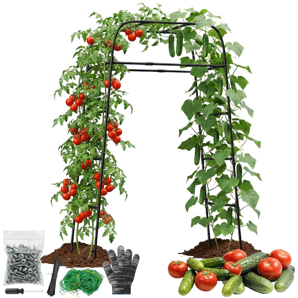 MQHUAYU Garden Arch Trellis shows an 83-inch tall walk-through design for vertical gardening.