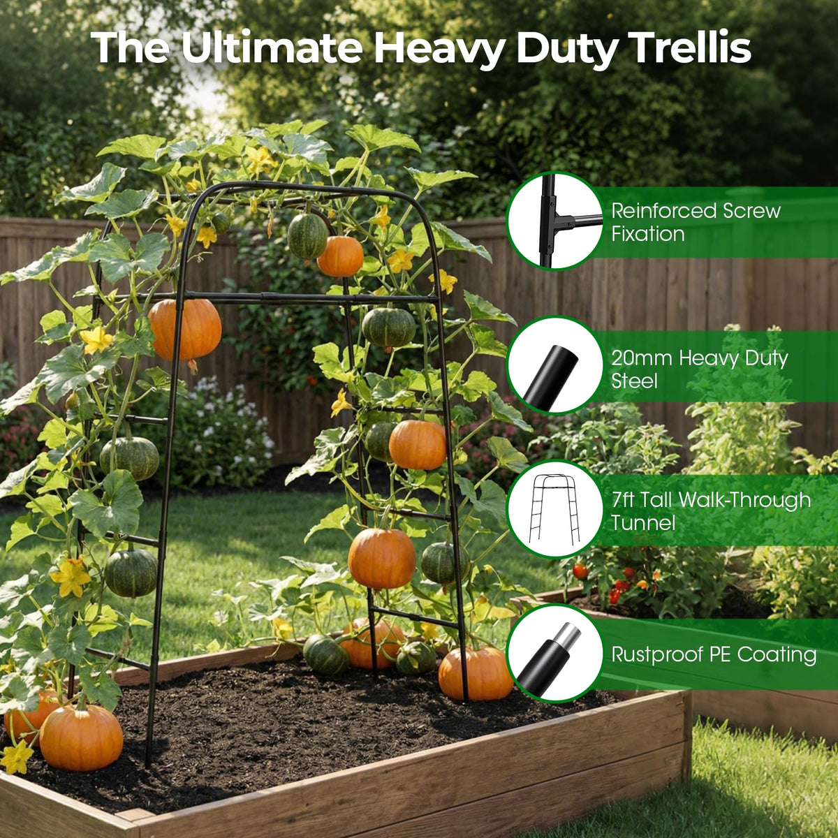MQHUAYU Garden Arch Trellis features rustproof PE coated steel frame for longevity.