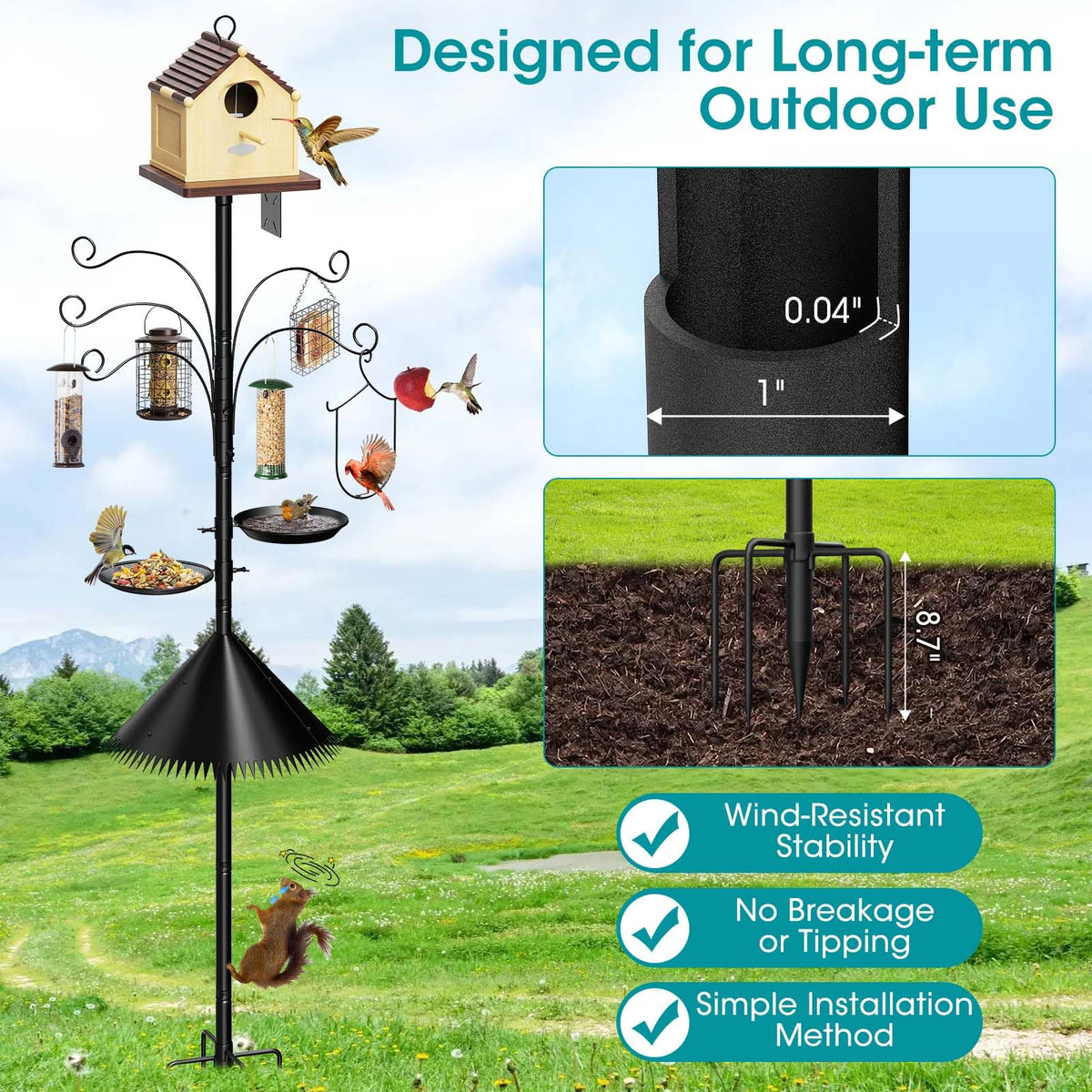MQHUAYU heavy-duty bird feeder stand provides stable support in wind.