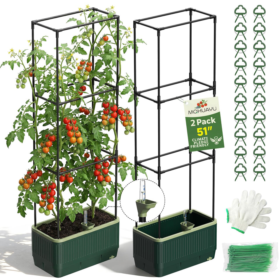 MQHUAYU self-watering planter with 51-inch trellis for easy water management.