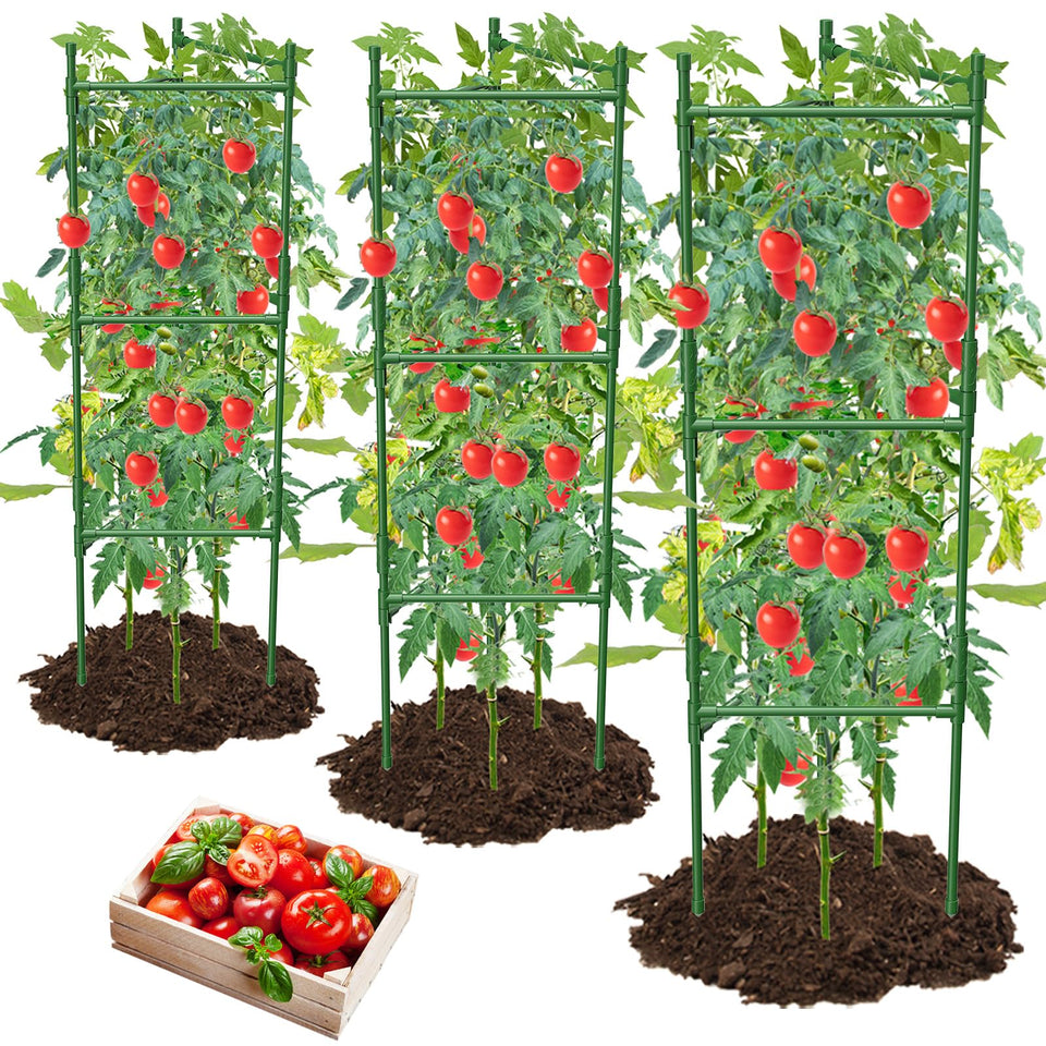 MQHUAYU 48-inch tomato cage in triangle and square configurations supports tall plants.