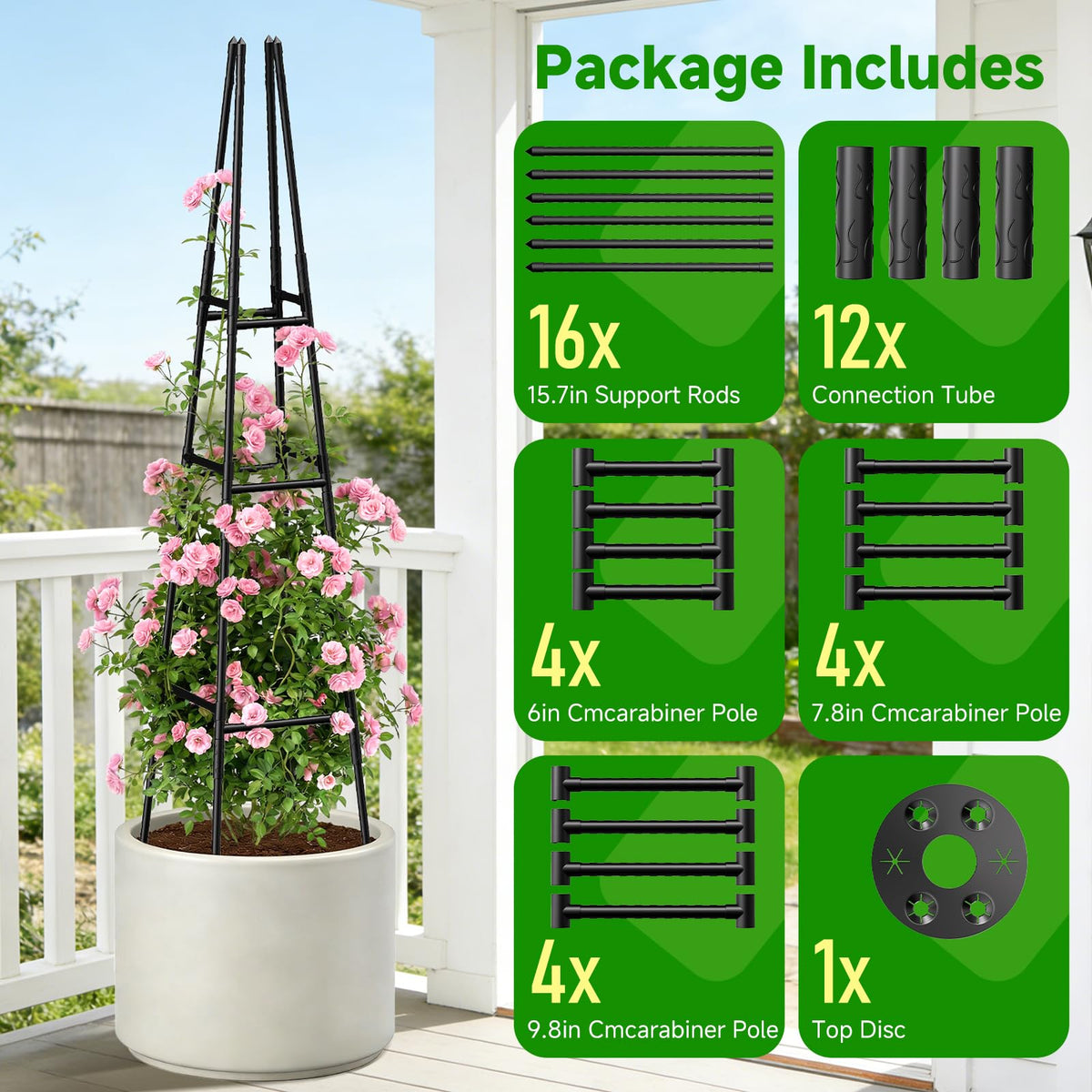 MQJIAZHI Garden Obelisk Trellis adaptable 63-inch or 45-cm frame for different spaces.