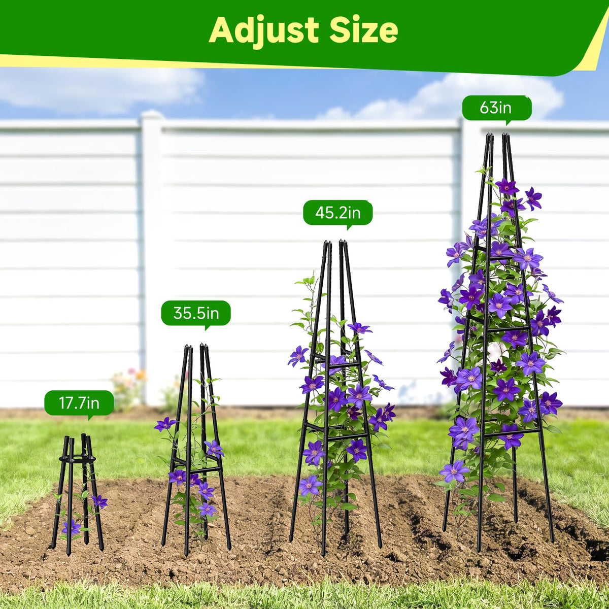 MQJIAZHI Garden Obelisk Trellis four-piece adjustable height scales with plant growth.