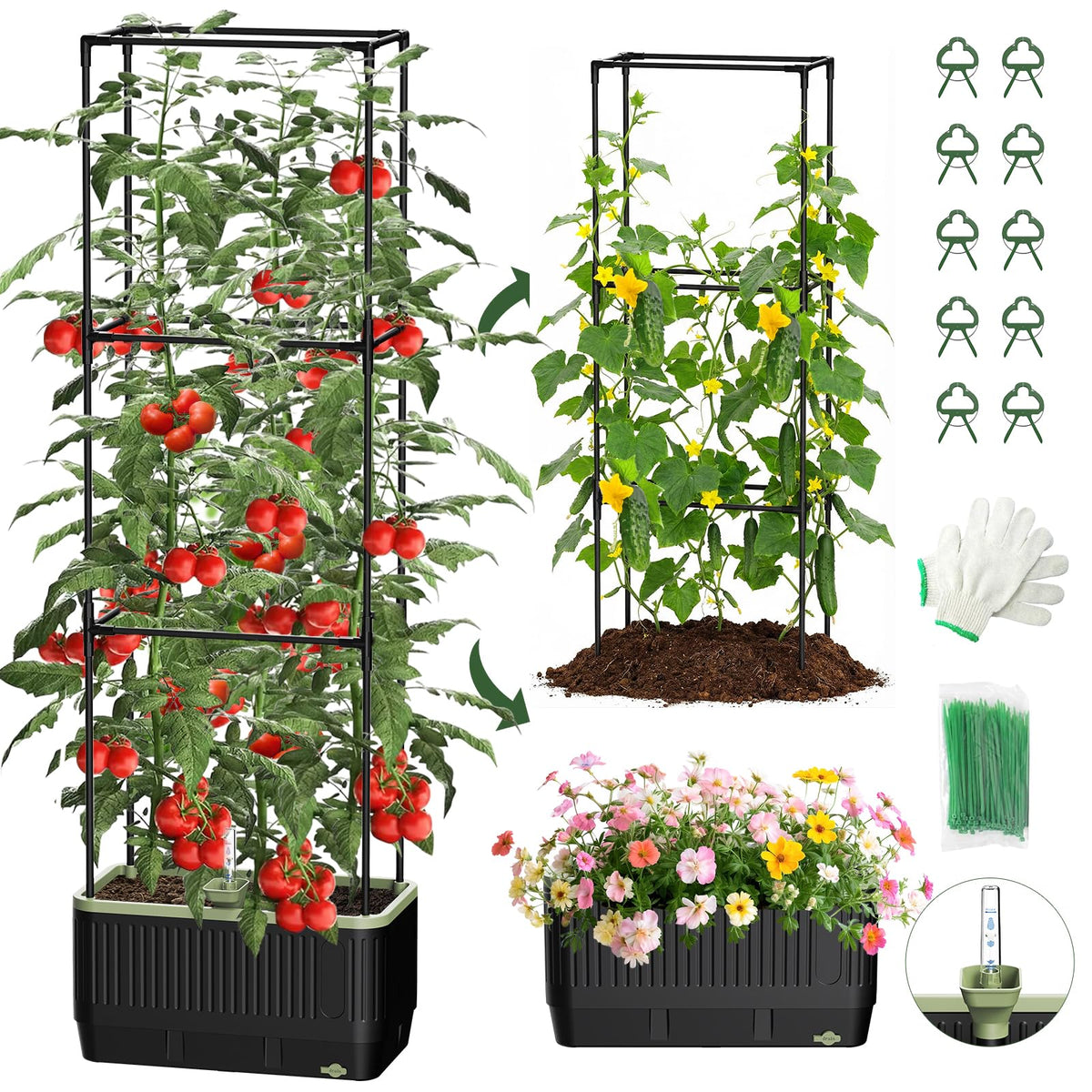 MQJIAZHI self-watering planter with trellis front view for higher yields.
