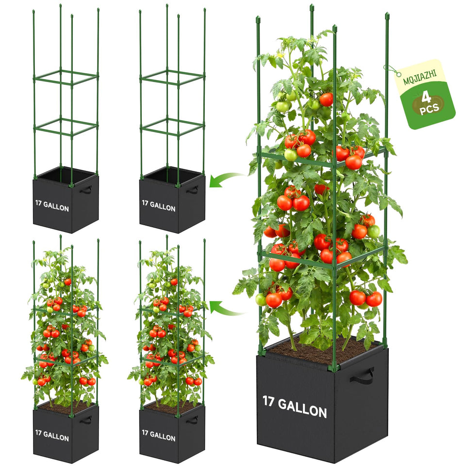 MQJIAZHI tomato cages with 55-inch square trellis provide sturdy support for climbing tomatoes.