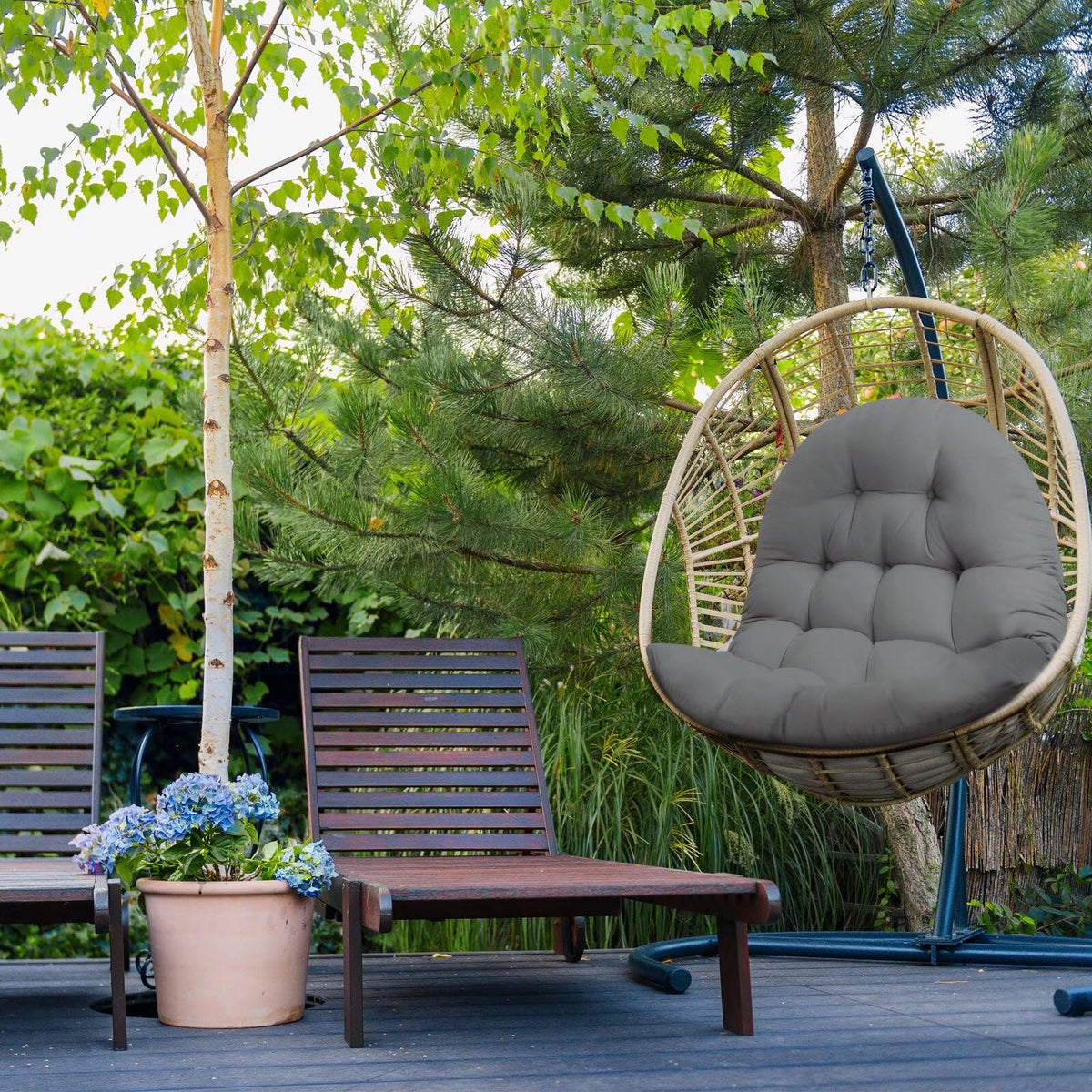MQK Patio Egg Chair Cushion on a chair demonstrates generous size for cozy seating.