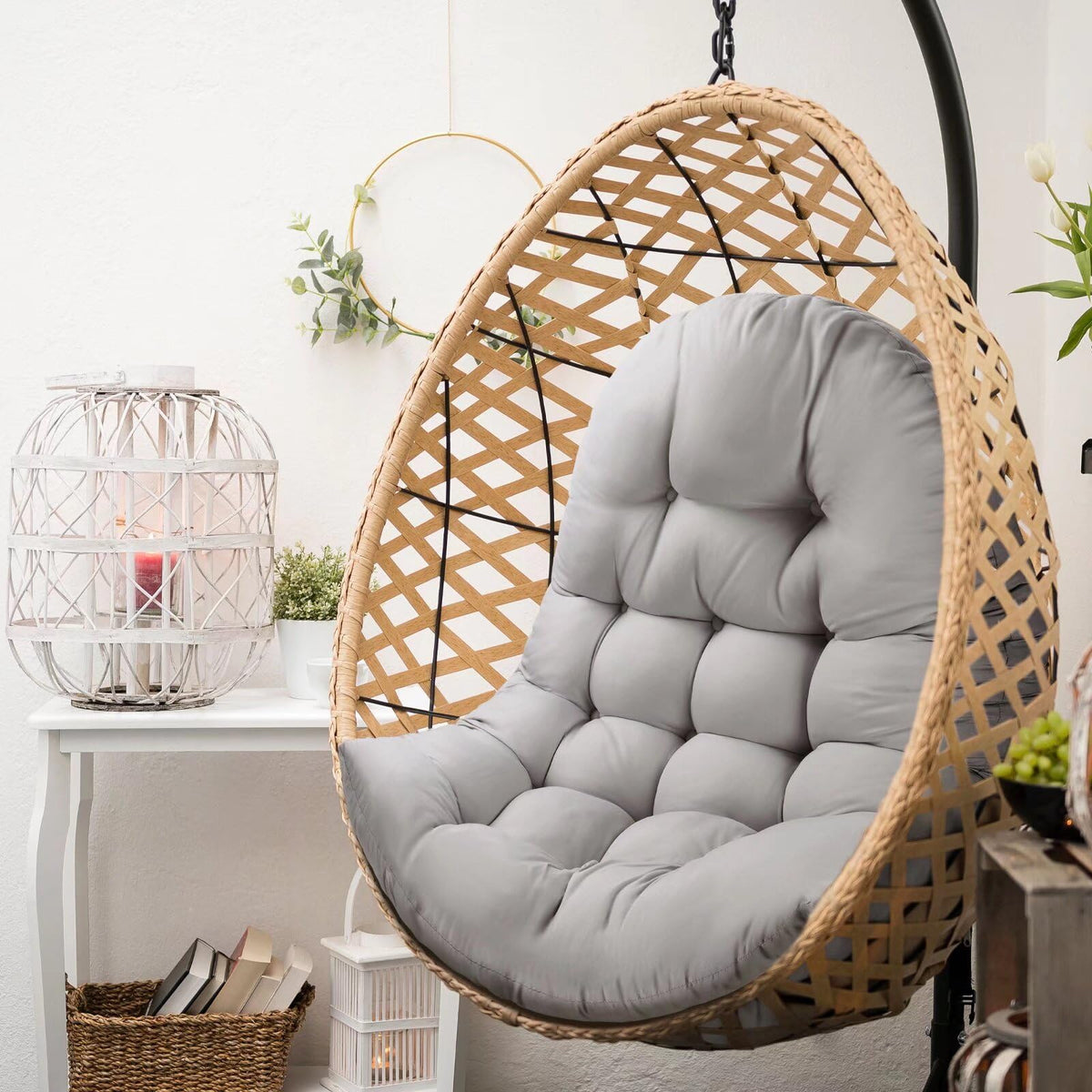 MQK Thick Egg Chair Cushion strap detail highlights secure ties to prevent slipping.