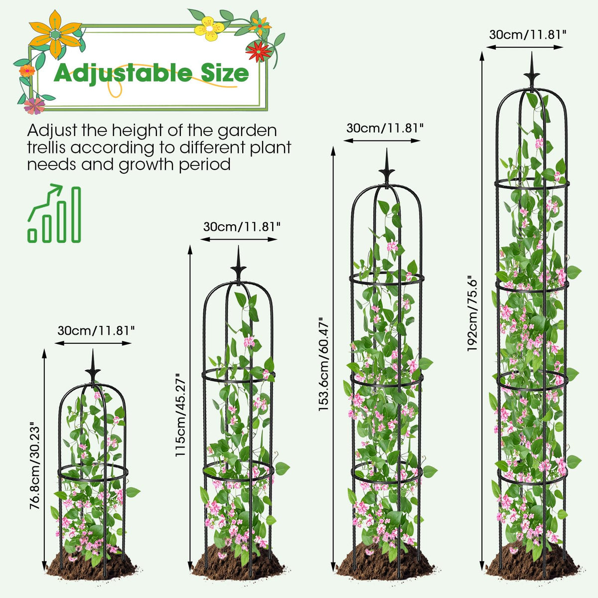MQUPIN Adjustable-height trellis adapts to plant growth up to 6.3 feet.