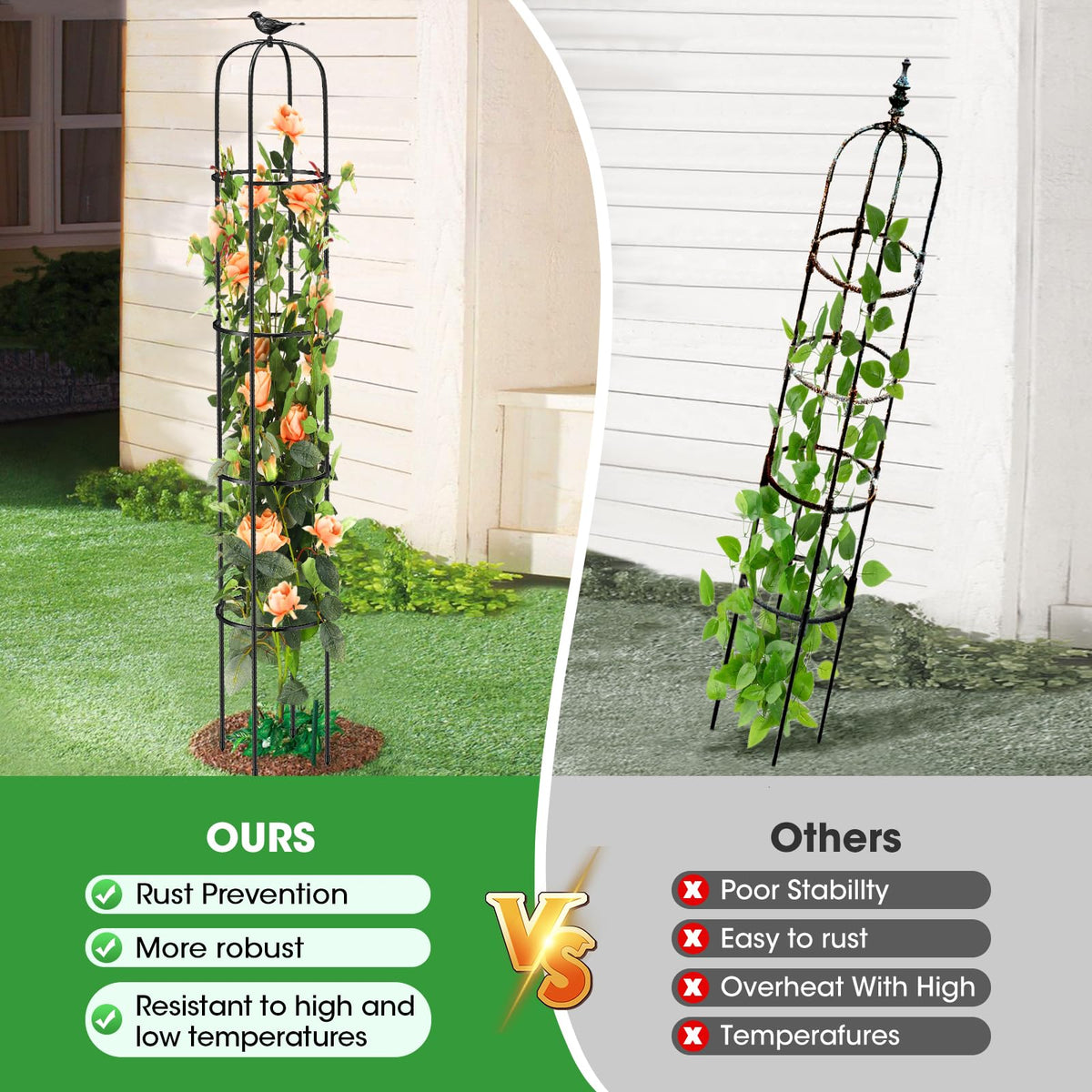 MQUPIN Four-stake base provides stable installation in garden soil.