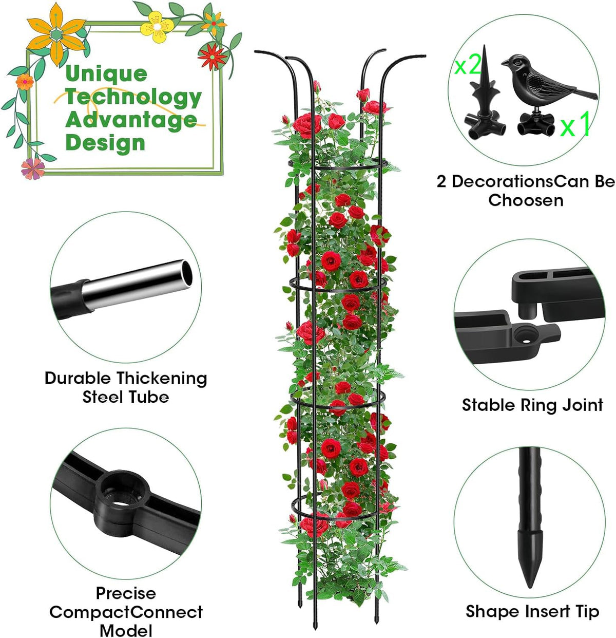 MQUPIN garden trellis assembly guide showing top to bottom setup