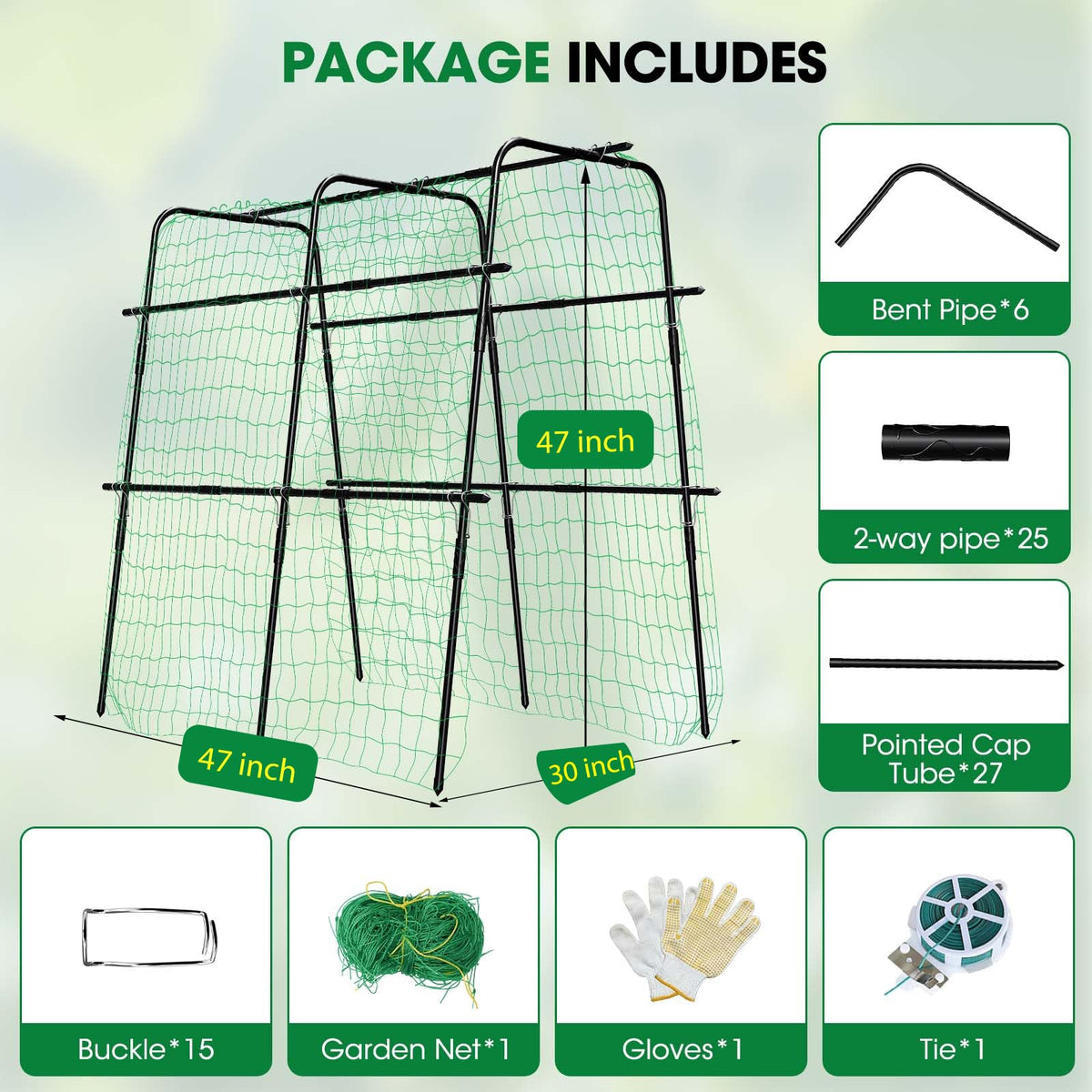MQUPIN garden trellis features nylon netting for secure climbing plants.