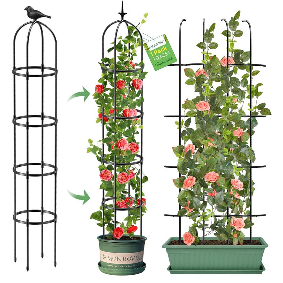 MQUPIN Tower Obelisk Trellis with ribbed sides supports climbing plants outdoors.