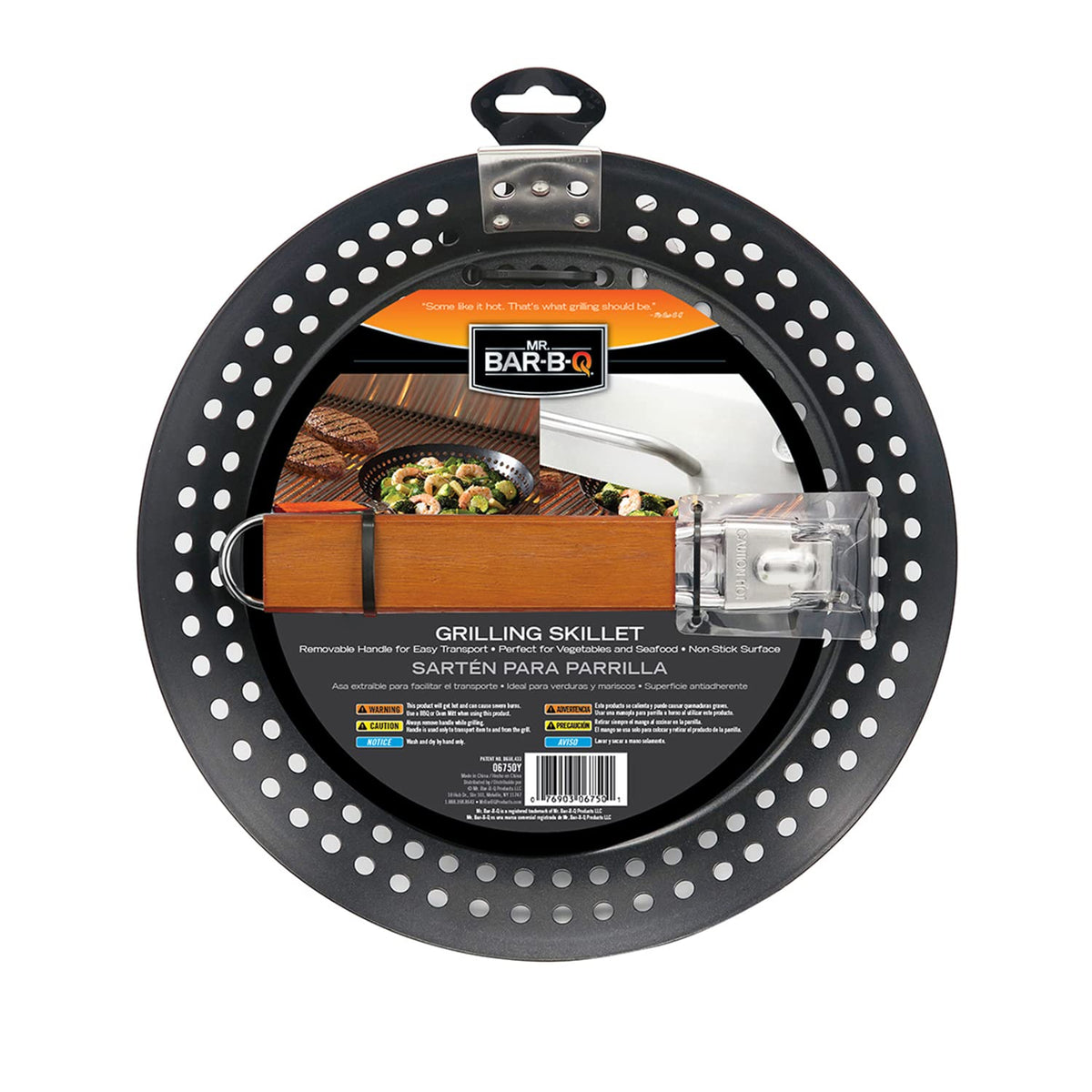 Mr. Bar-B-Q 12-inch grill skillet with clip-on handle for versatile indoor and outdoor cooking.