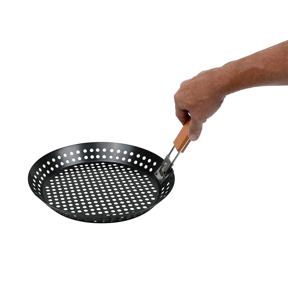 Mr. Bar-B-Q 12-inch skillet used for frying and grilling seafood, vegetables, and meats.