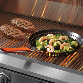 Mr. Bar-B-Q grill skillet ideal for vegetables and seafood on gas or charcoal grills.