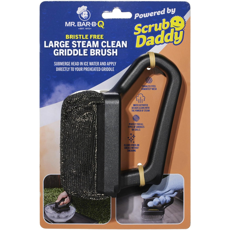 Mr. Bar-B-Q bristle-free steam-clean brush removes grill grime from hot griddles