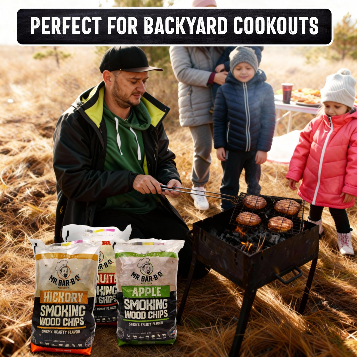 Mr. Bar-B-Q camping tailgate setup with wood chips for flavorful meals.