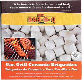 Mr. Bar-B-Q ceramic briquettes heat diffuser in grill tray for even cooking.