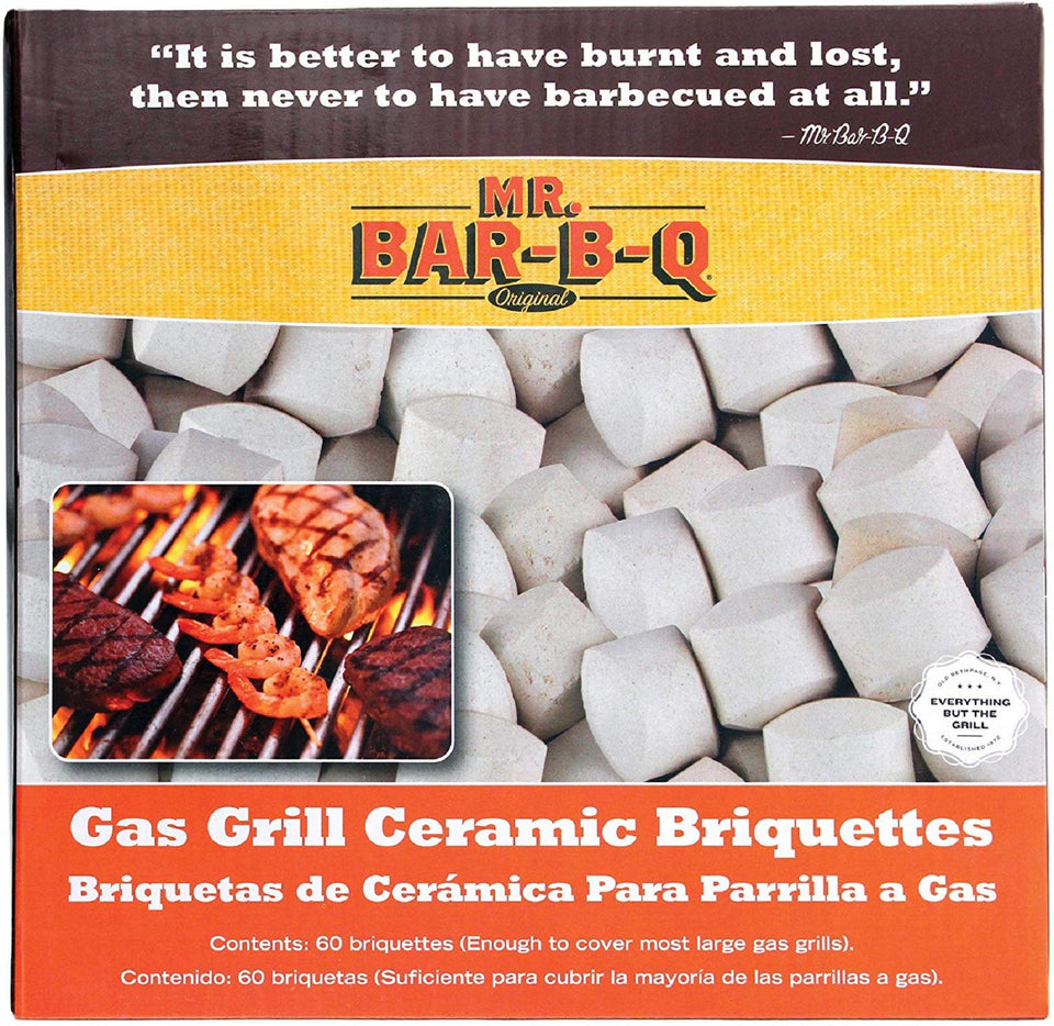 Mr. Bar-B-Q ceramic briquettes heat diffuser in grill tray for even cooking.