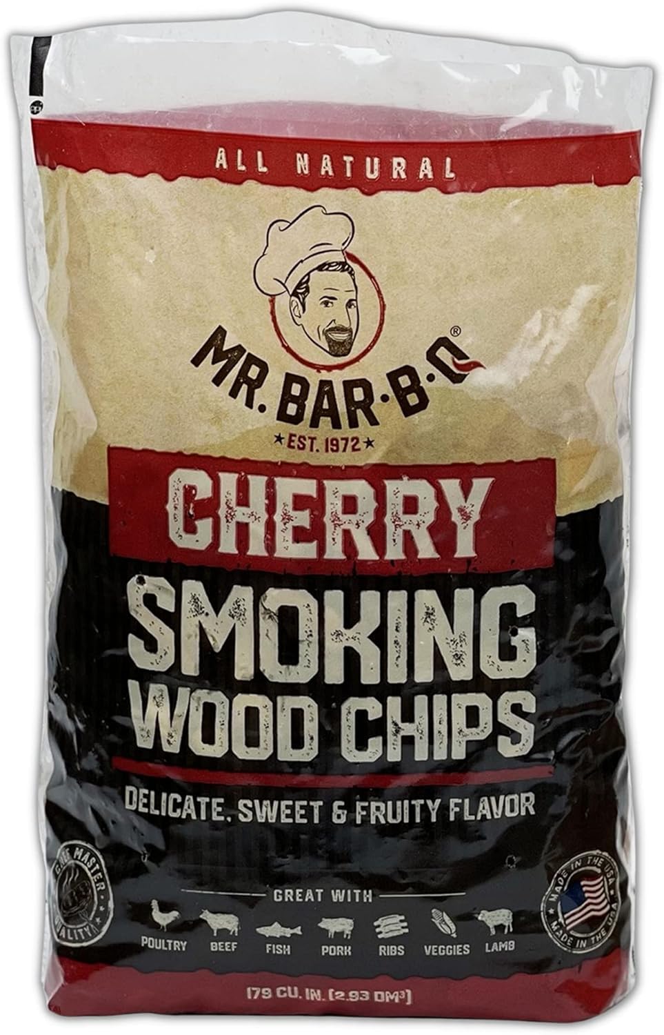 Mr Bar-B-Q cherry wood smoker chips bag front view for all natural grilling